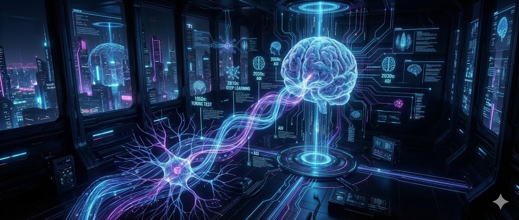 Línea de tiempo futurista de la Inteligencia Artificial desde sus orígenes hasta 2025
